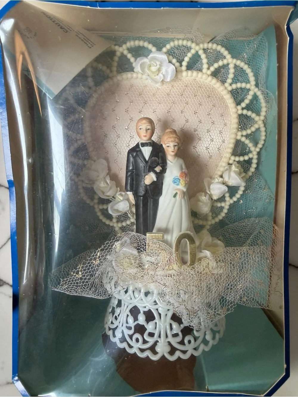 Vintage 50th Golden Anniversary Cake Topper Bisque Couple Pearl Heart Orig Box